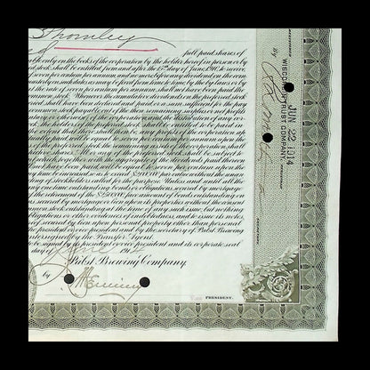 Pabst Brewing Company Stock Certificate from 1914