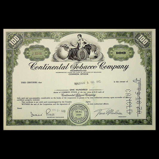 Continental Tobacco Company Stock Certificate 1950s
