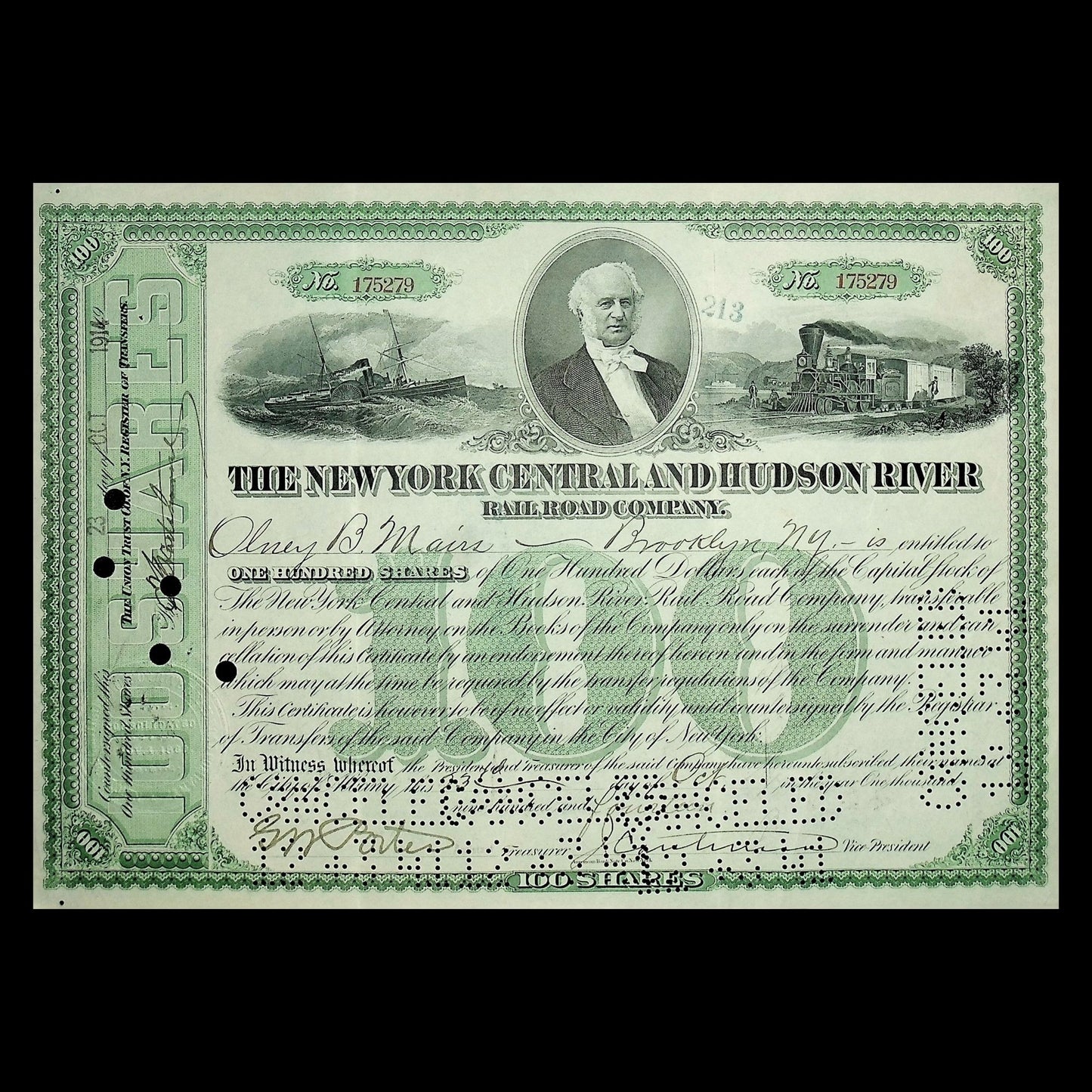 The New York Central and Hudson River Railroad Company Stock Certificate with Triple Vignettes 1920s