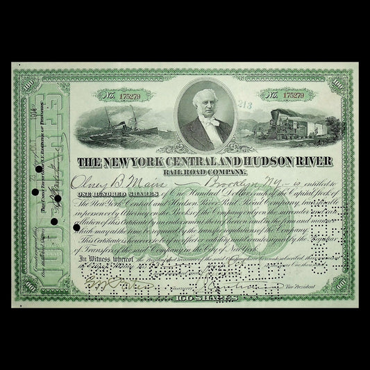 The New York Central and Hudson River Railroad Company Stock Certificate with Triple Vignettes 1920s