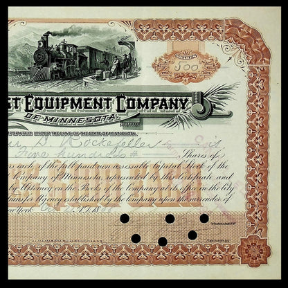 Signed by John D Rockefeller - Northwest Equipment Company Stock Certificate from 1888