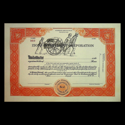 Zions Investment Corporation 股票证书（现为 Zions Bancorporation）