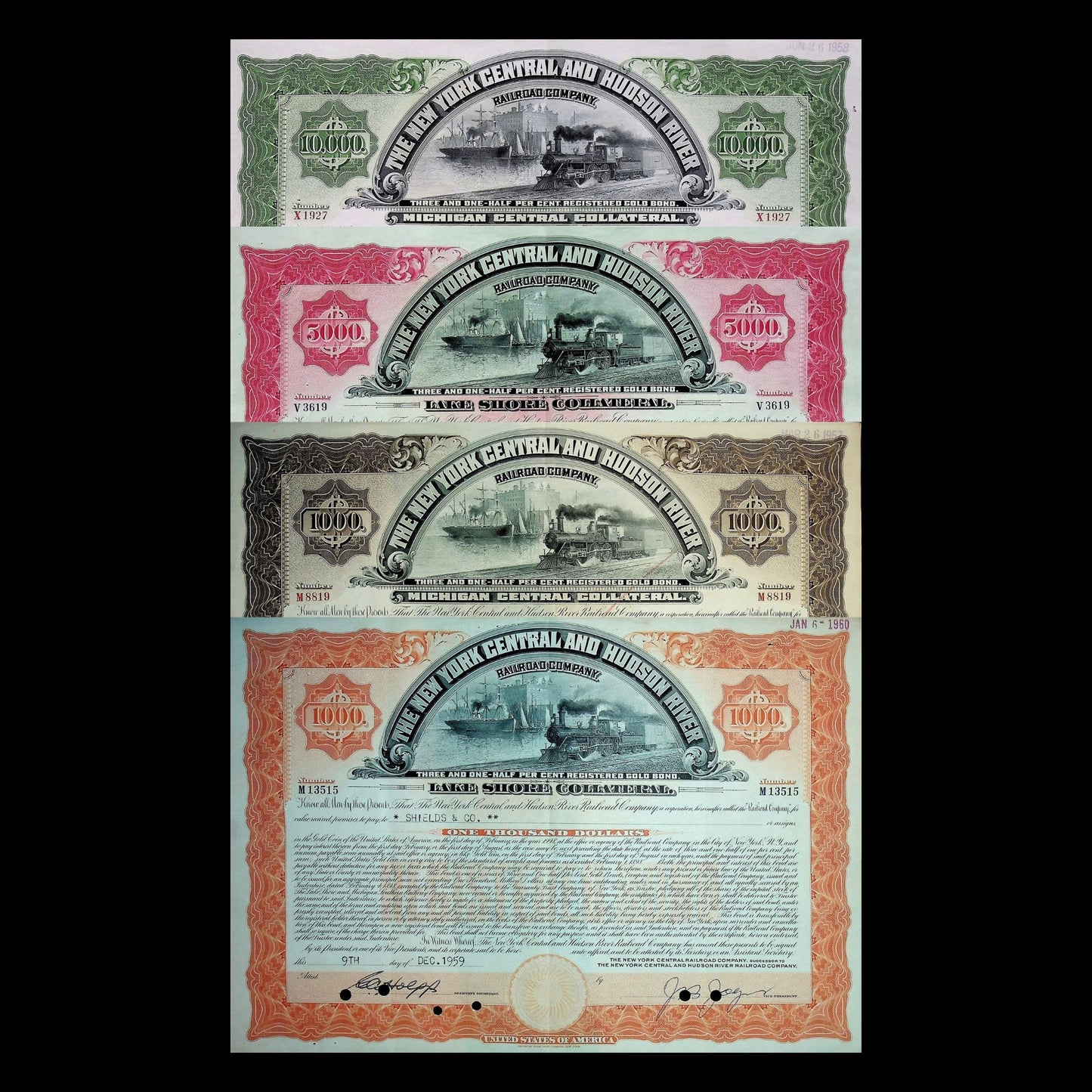 Large New York Central and Hudson River Railroad Company Bonds from 1950s (6 color options)