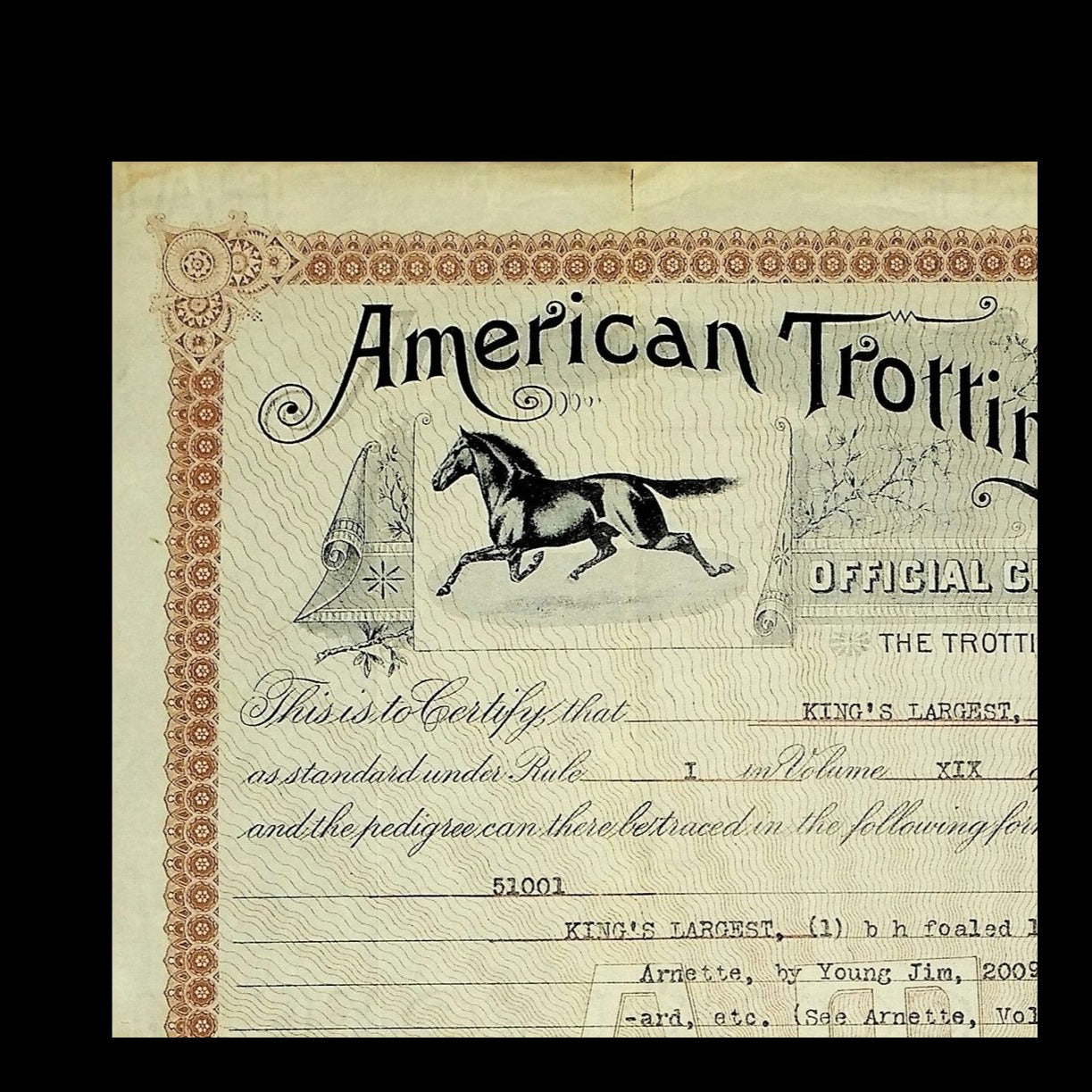 American Trotting Register Official Certificate from 1909