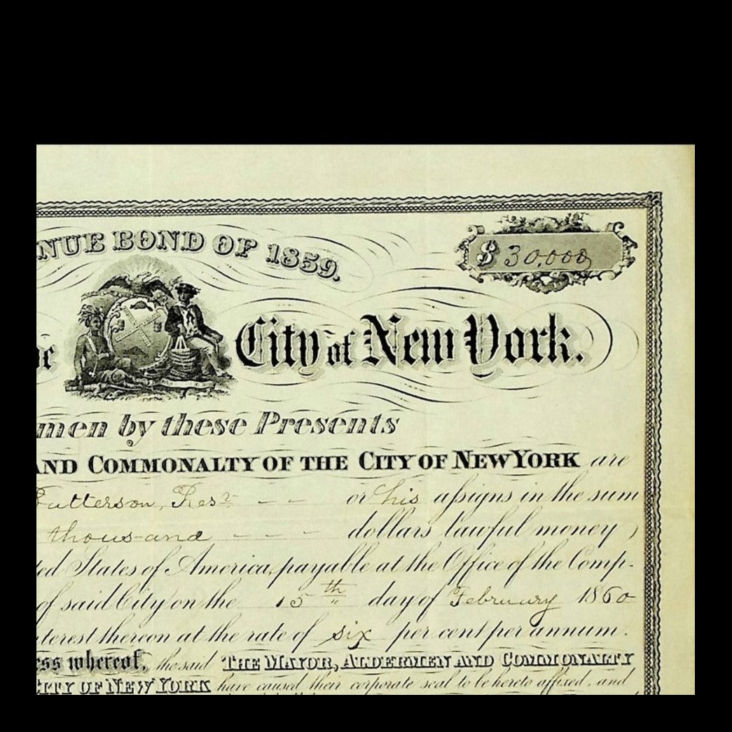 City of New York Revenue Bond from 1860 signed by Mayor Daniel F. Tiemann