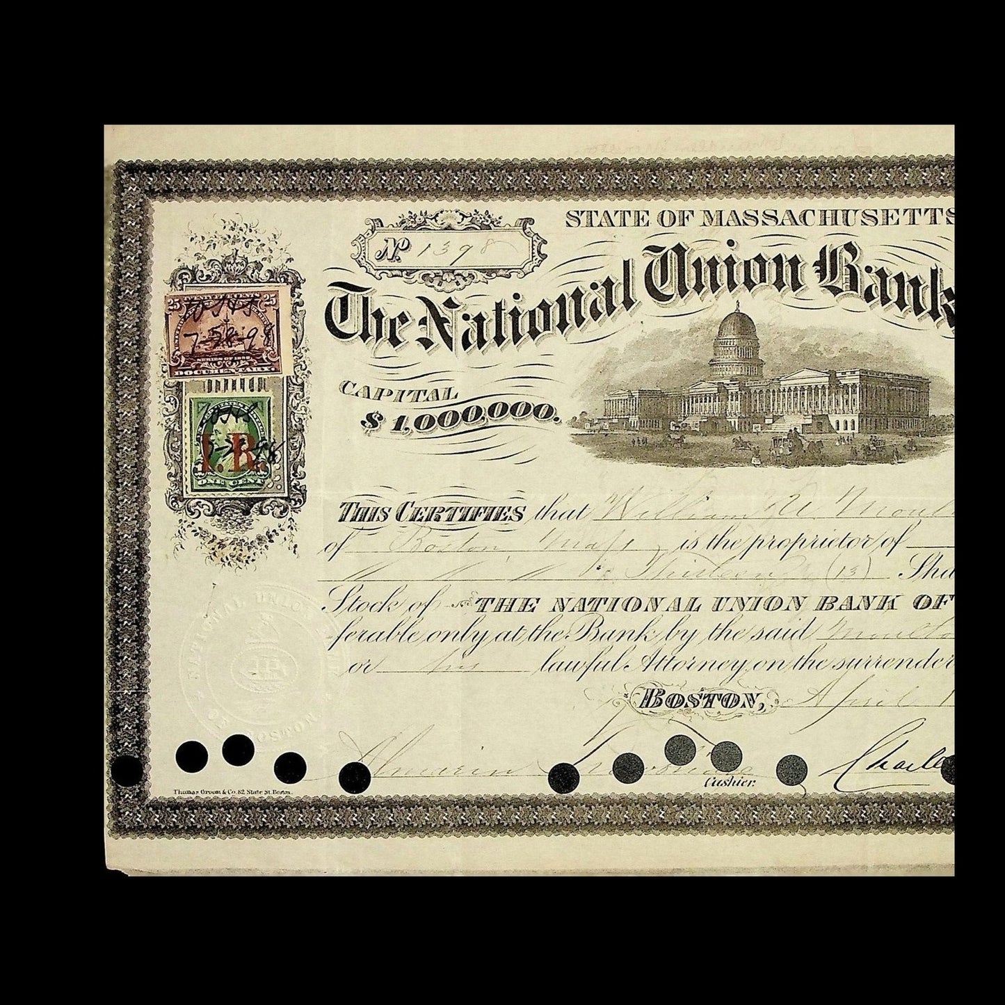 The National Union Bank of Boston Stock Certificate from 1879