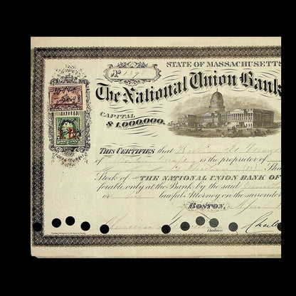 The National Union Bank of Boston Stock Certificate from 1879
