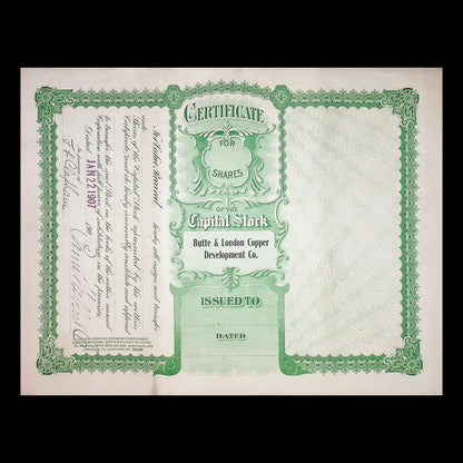 Butte & London Copper Development Co Stock Certificate from 1907 (Montana)