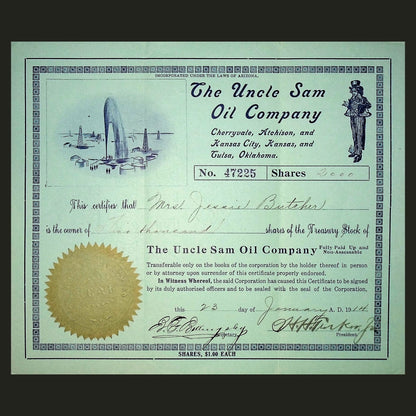 Uncle Sam Oil Company Stock Certificate signed by Henry Harrison Tucker Jr (early Ponzi) from 1914