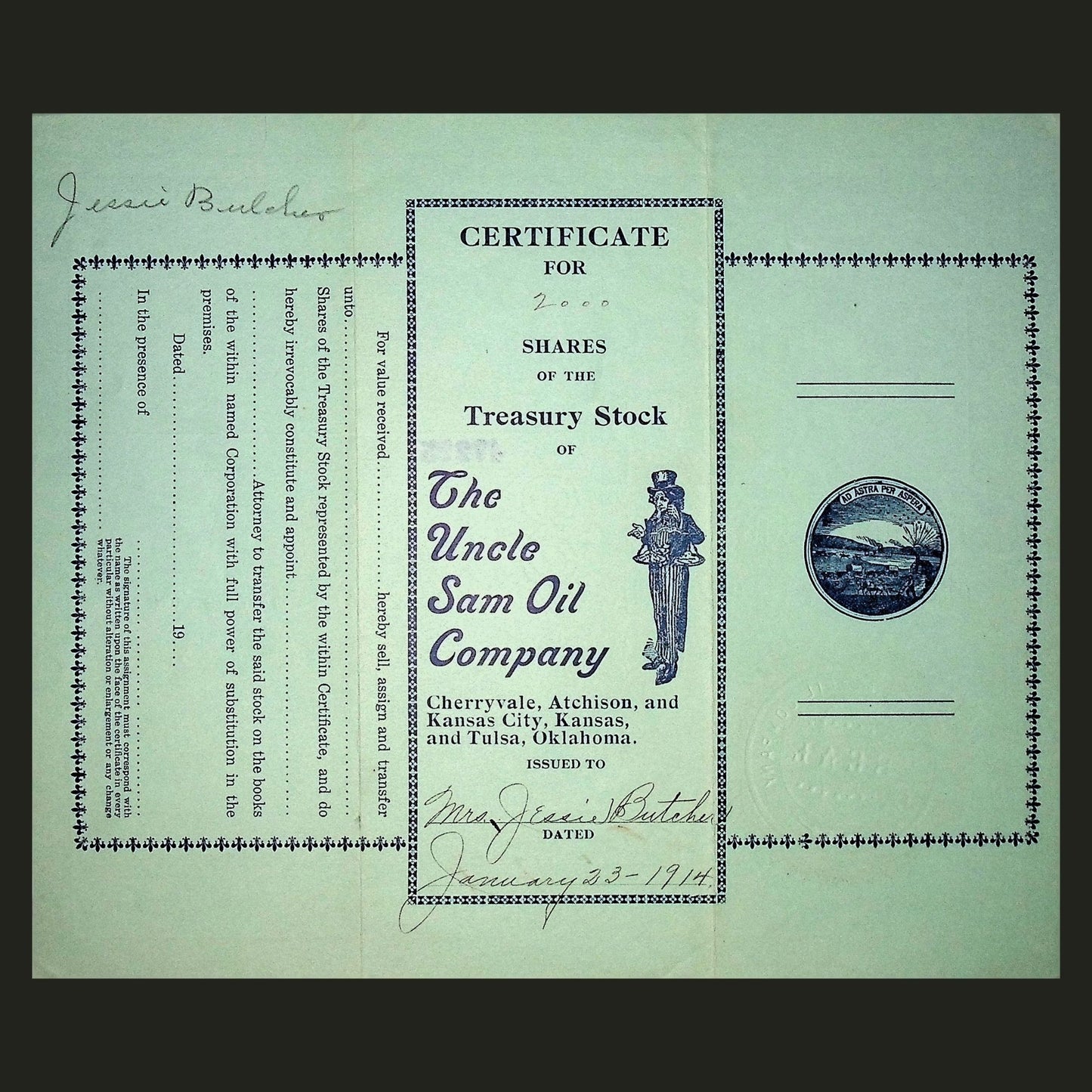 Uncle Sam Oil Company Stock Certificate signed by Henry Harrison Tucker Jr (early Ponzi) from 1914