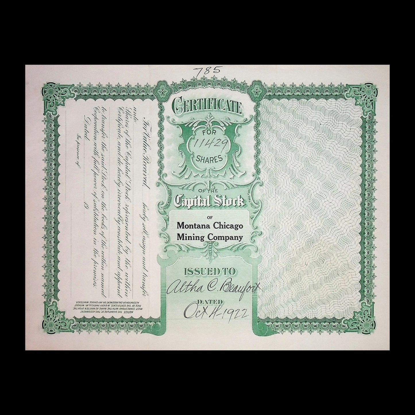 Montana Chicago Mining Company Stock Certificate from 1922