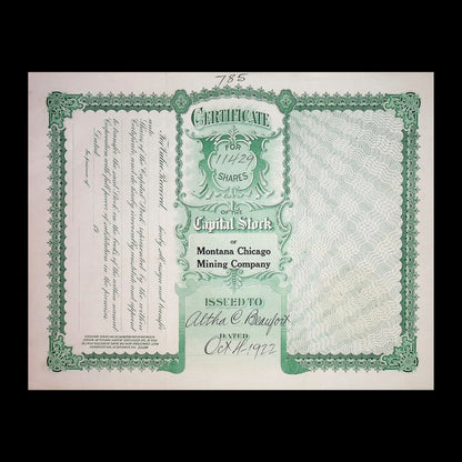 Montana Chicago Mining Company Stock Certificate from 1922
