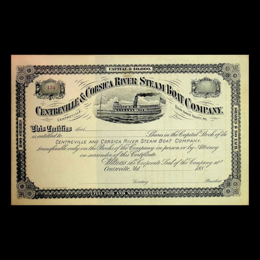 Centerville & Corsica River (Chesapeake Bay) Steam Boat Company Unissued Stock Certificate 1880s