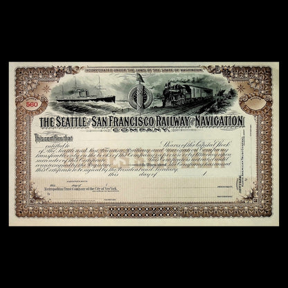 Seattle & San Francisco Railway & Navigation Company Unissued Stock Certificate from 1900s