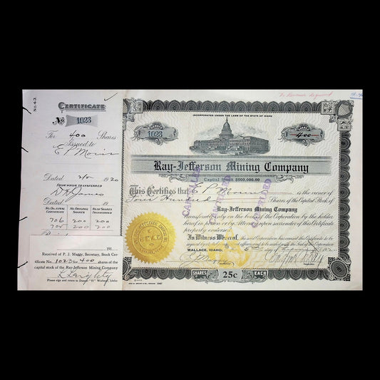Ray-Jefferson Mining Company Stock Certificate from Idaho 1920s