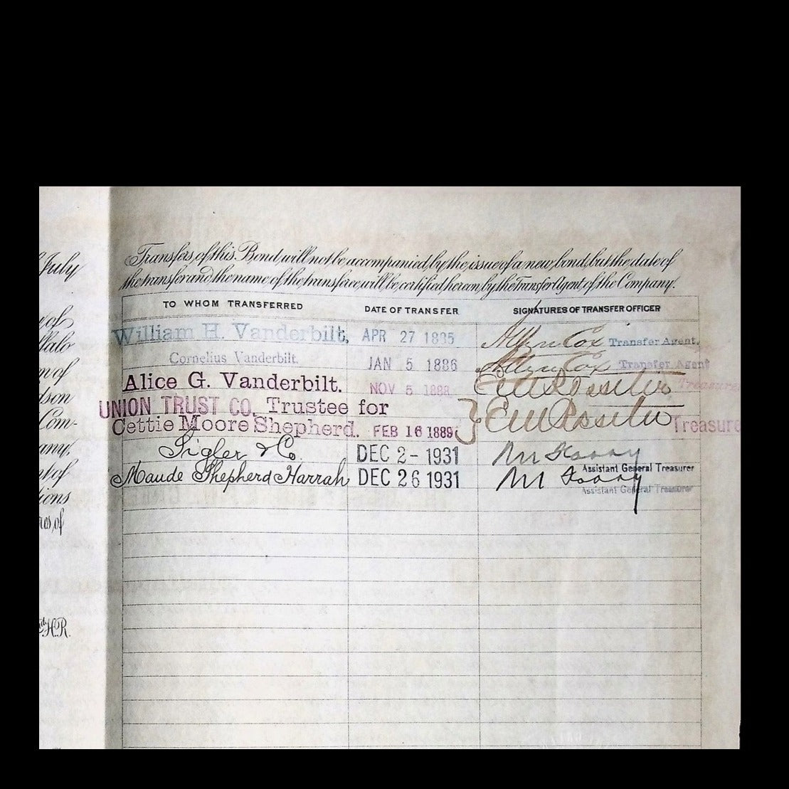 Pine Creek Railway Company First Mortgage Bond from 1885 signed by William Vanderbilt 