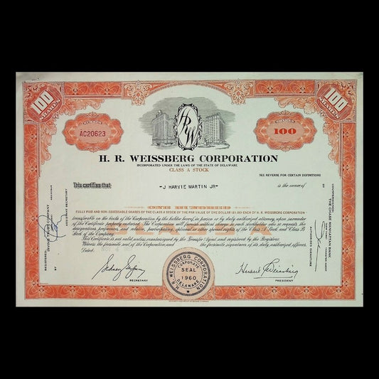 H.R. Weissberg Corporation stock certificate with decorative border and text