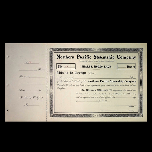 Northern Pacific Steamship Company share certificate on a white background