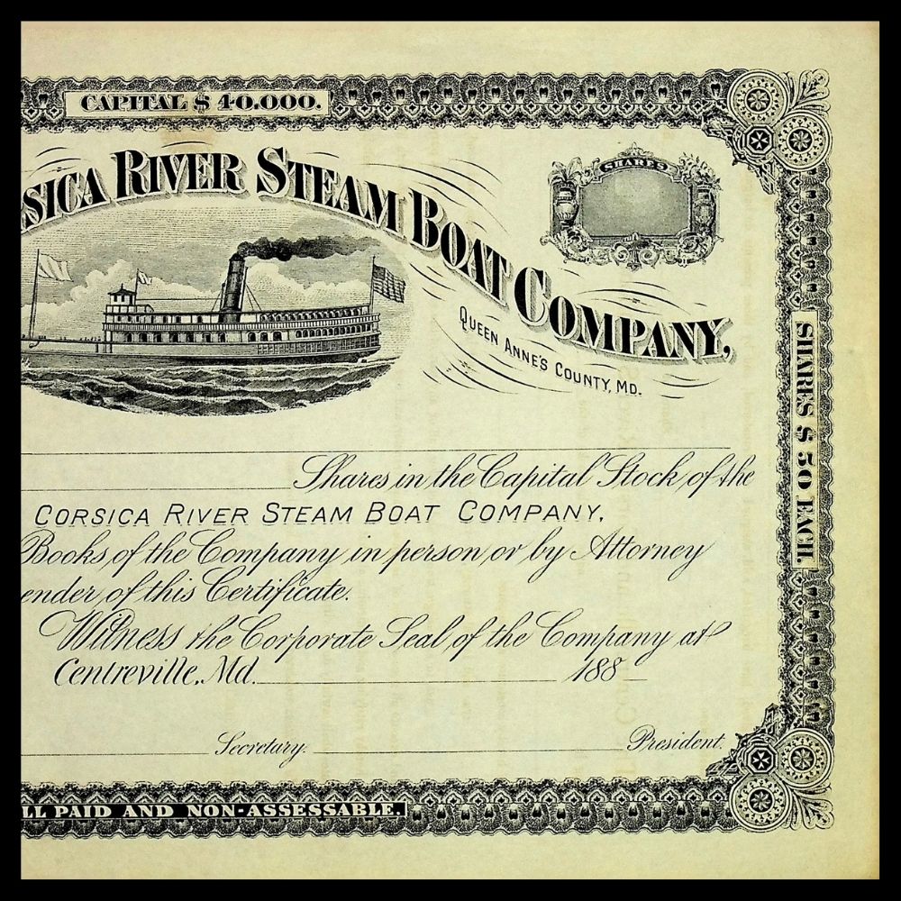 Centerville & Corsica River (Chesapeake Bay) Steam Boat Company Unissued Stock Certificate 1880s
