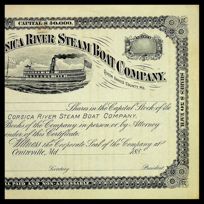 Centerville & Corsica River (Chesapeake Bay) Steam Boat Company Unissued Stock Certificate 1880s