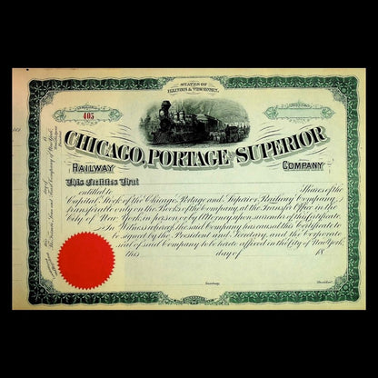 Chicago Portage Superior Railway Company certificate with red stamp on a black background
