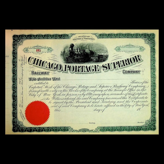 Chicago Portage Superior Railway Company certificate with red stamp on a black background