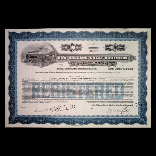 New Orleans Great Northern Railway Bond Certificate from 1933