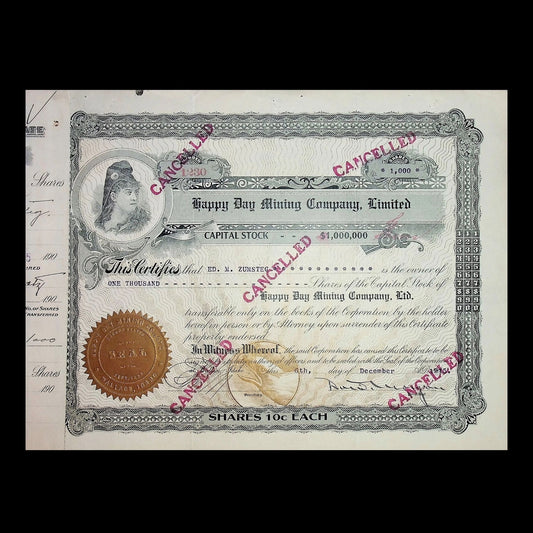 Happy Day Mining Company Limited Stock Certificate (Idaho) from 1915