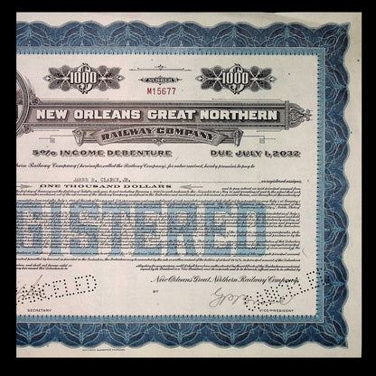 New Orleans Great Northern Railway Bond Certificate from 1933