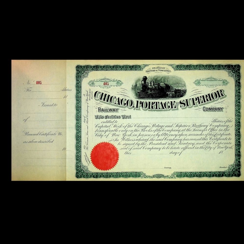 Chicago, Portage & Superior Railway Company (now C&NW) Unissued Stock Certificate 1800s