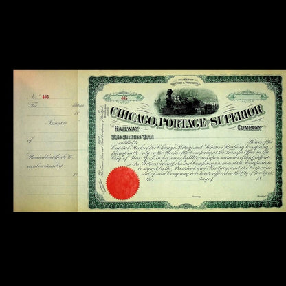Chicago, Portage & Superior Railway Company (now C&NW) Unissued Stock Certificate 1800s