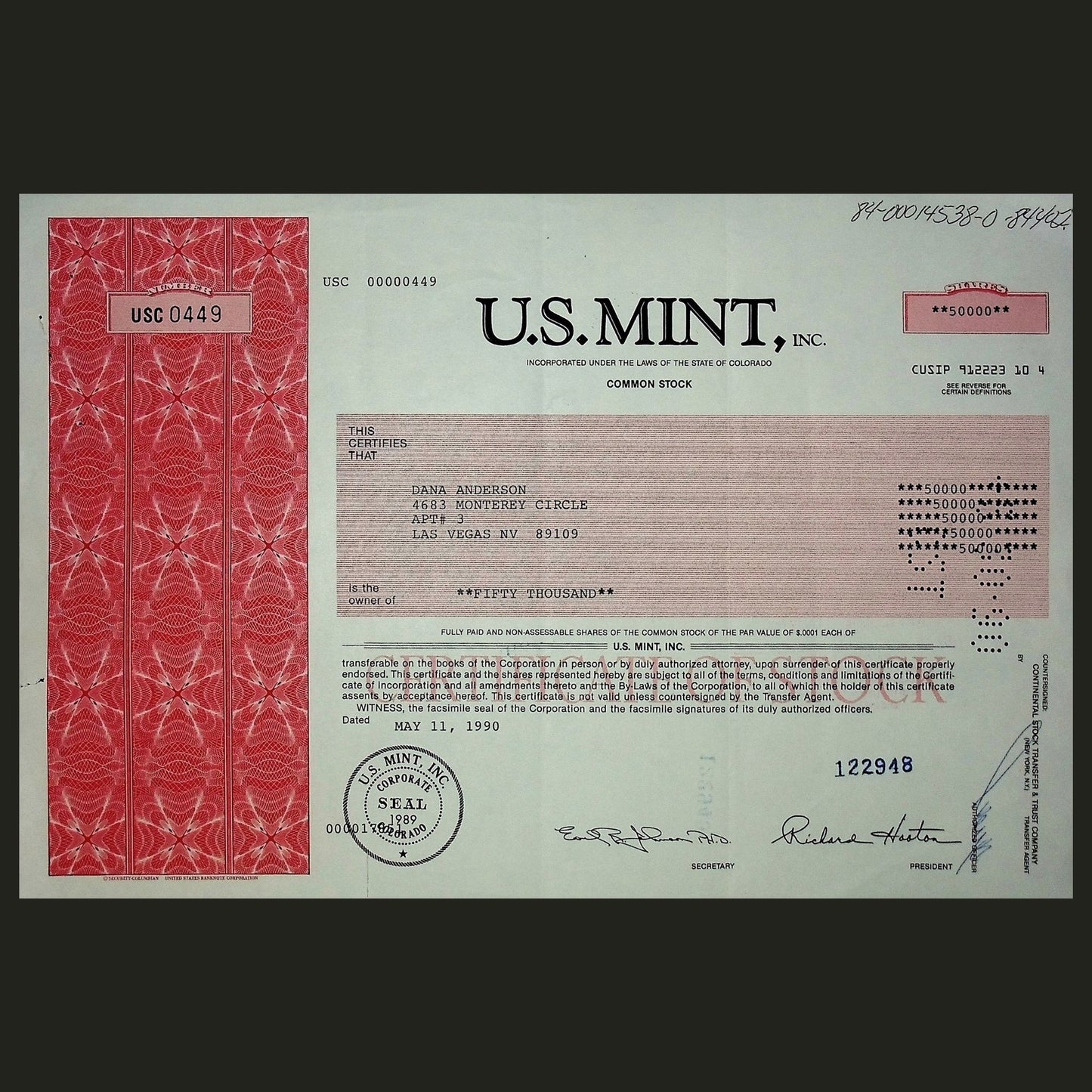 U.S. Mint Inc, Stock Certificate from 1990s