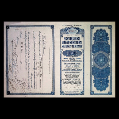 New Orleans Great Northern Railway Bond Certificate from 1933