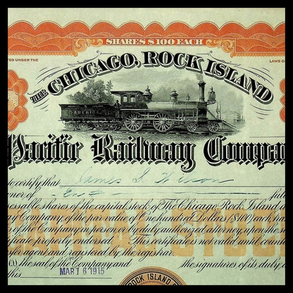 Chicago, Rock Island and Pacific Railroad "Rock Island Line" Company Stock Certificate from 1915