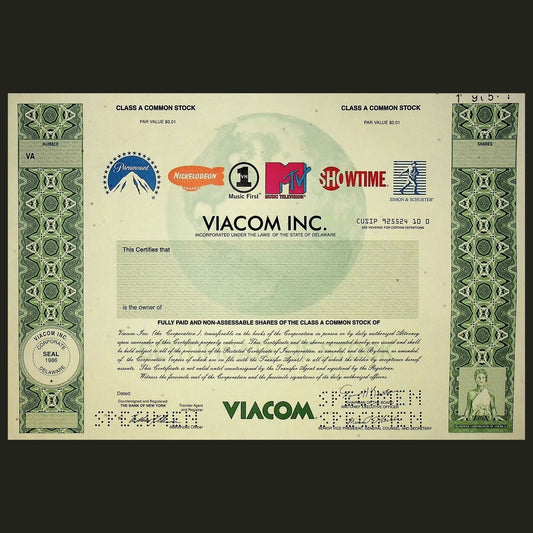 Viacom Inc Stock Certificate Specimen from 1986 ft Nickelodeon, Paramount, MTV, Showtime & Simon & Schuster Logos