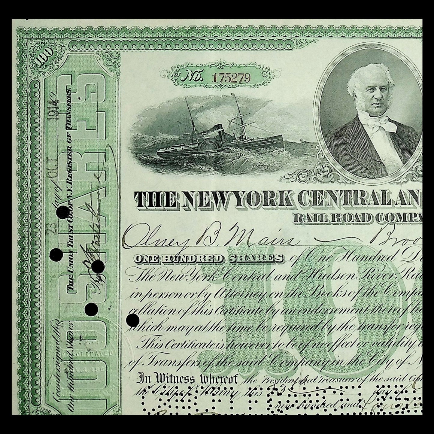 The New York Central and Hudson River Railroad Company Stock Certificate with Triple Vignettes 1920s