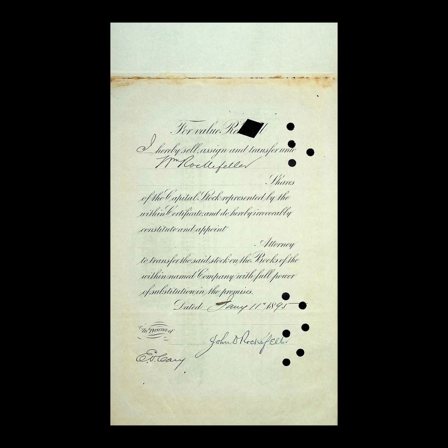 Signed by John D Rockefeller - Northwest Equipment Company Stock Certificate from 1888