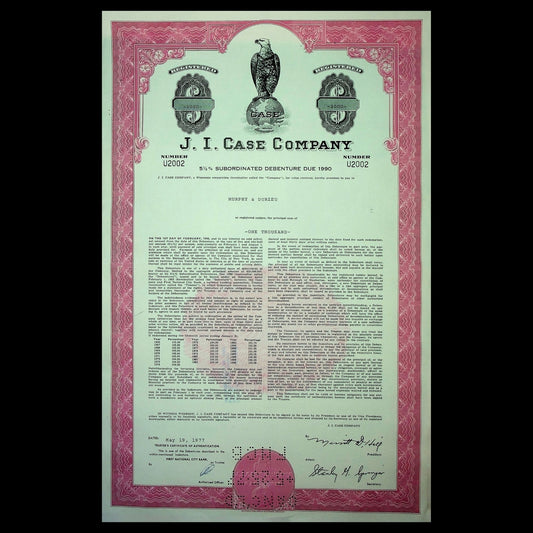 J.I. Case Company (Tractors) Bond Certificate from 1960s/70s