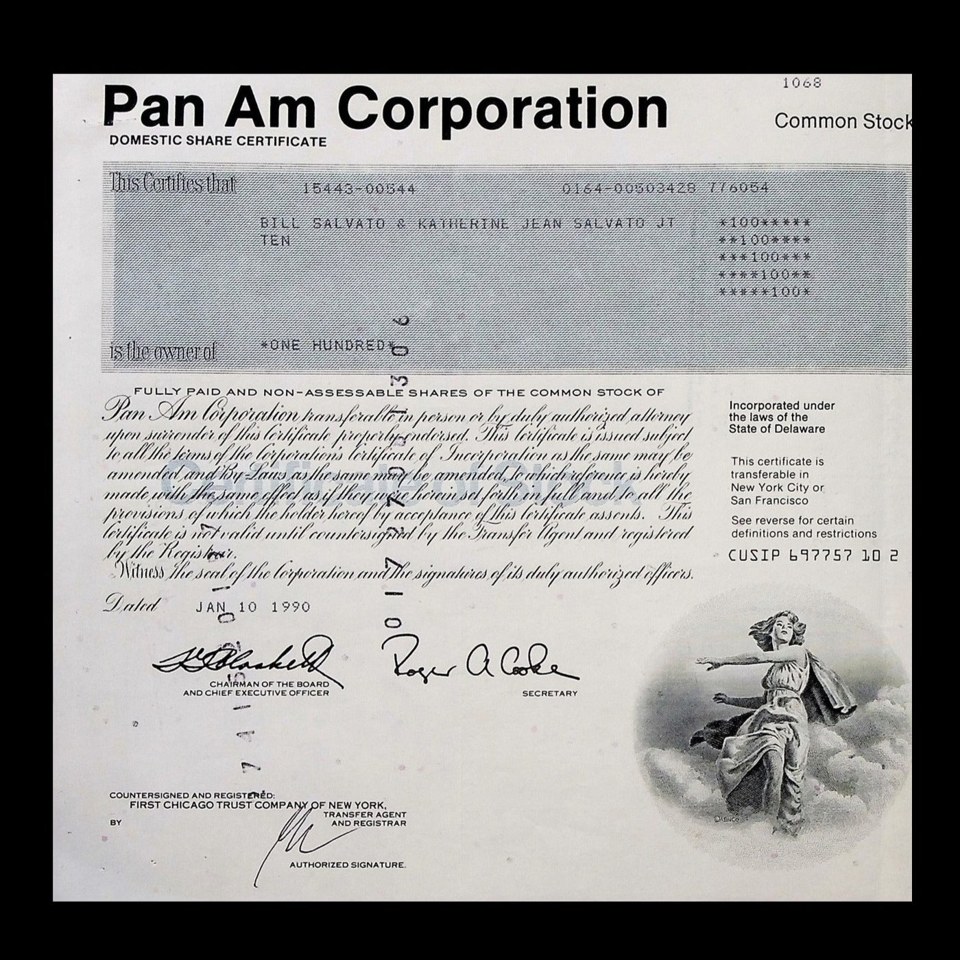 Pan Am Corporation Stock Certificate from 1990