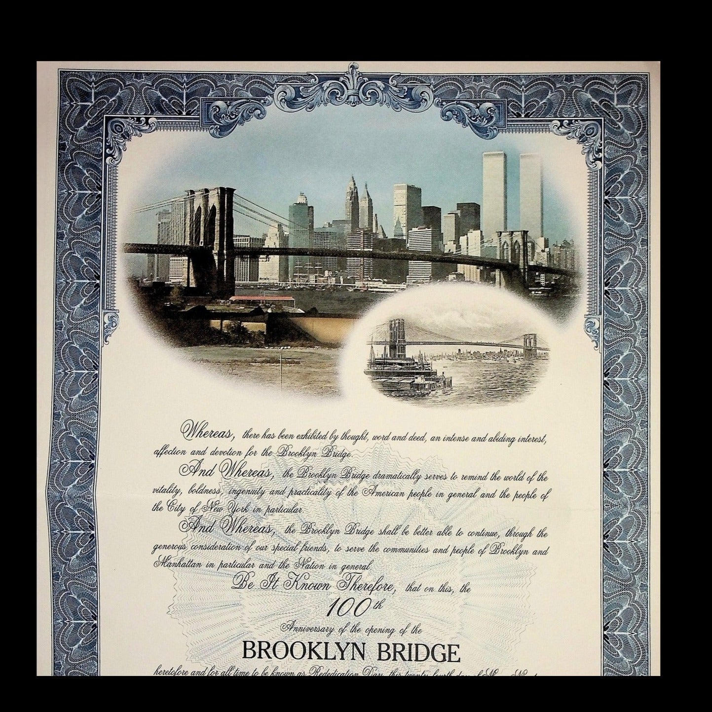 City of New York Brooklyn Bridge 100th Anniversary Certificate 1983