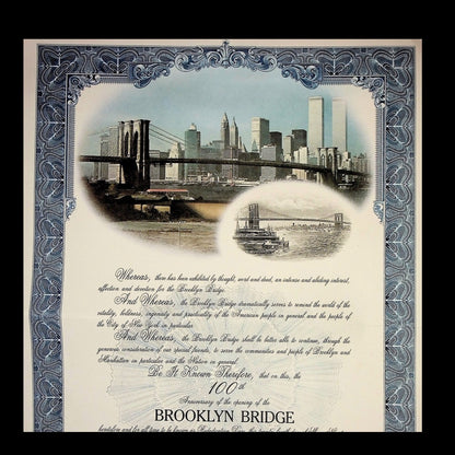 City of New York Brooklyn Bridge 100th Anniversary Certificate 1983