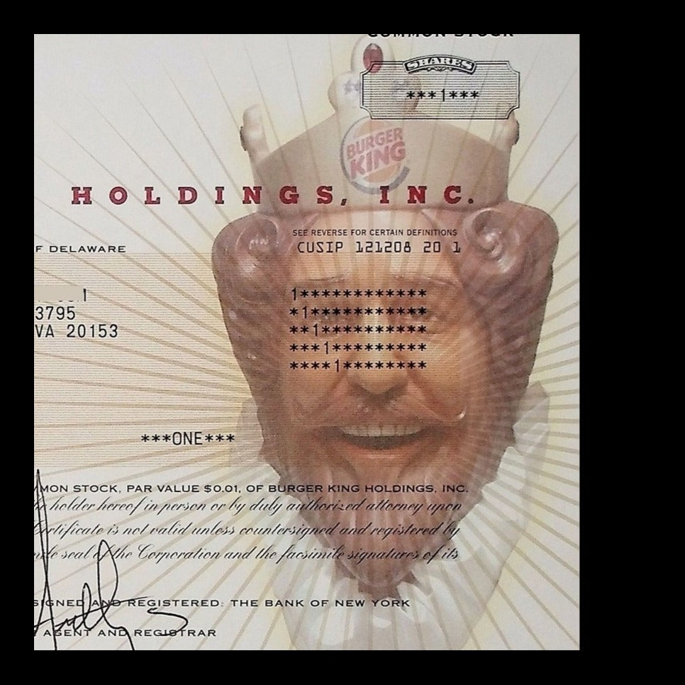 Burger King Holdings Stock Certificate from 2010