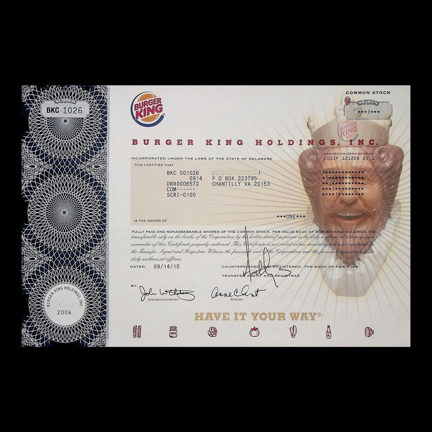 Burger King Holdings Stock Certificate from 2010