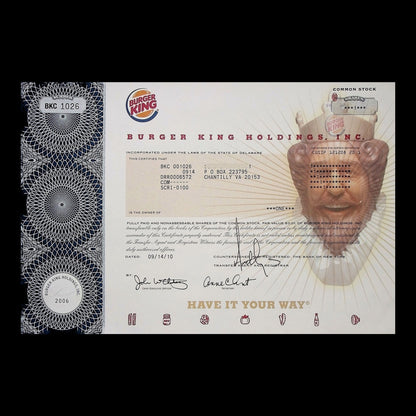 Burger King Holdings Stock Certificate from 2010