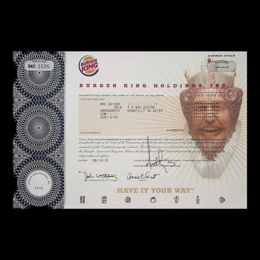 Burger King Holdings Stock Certificate from 2010