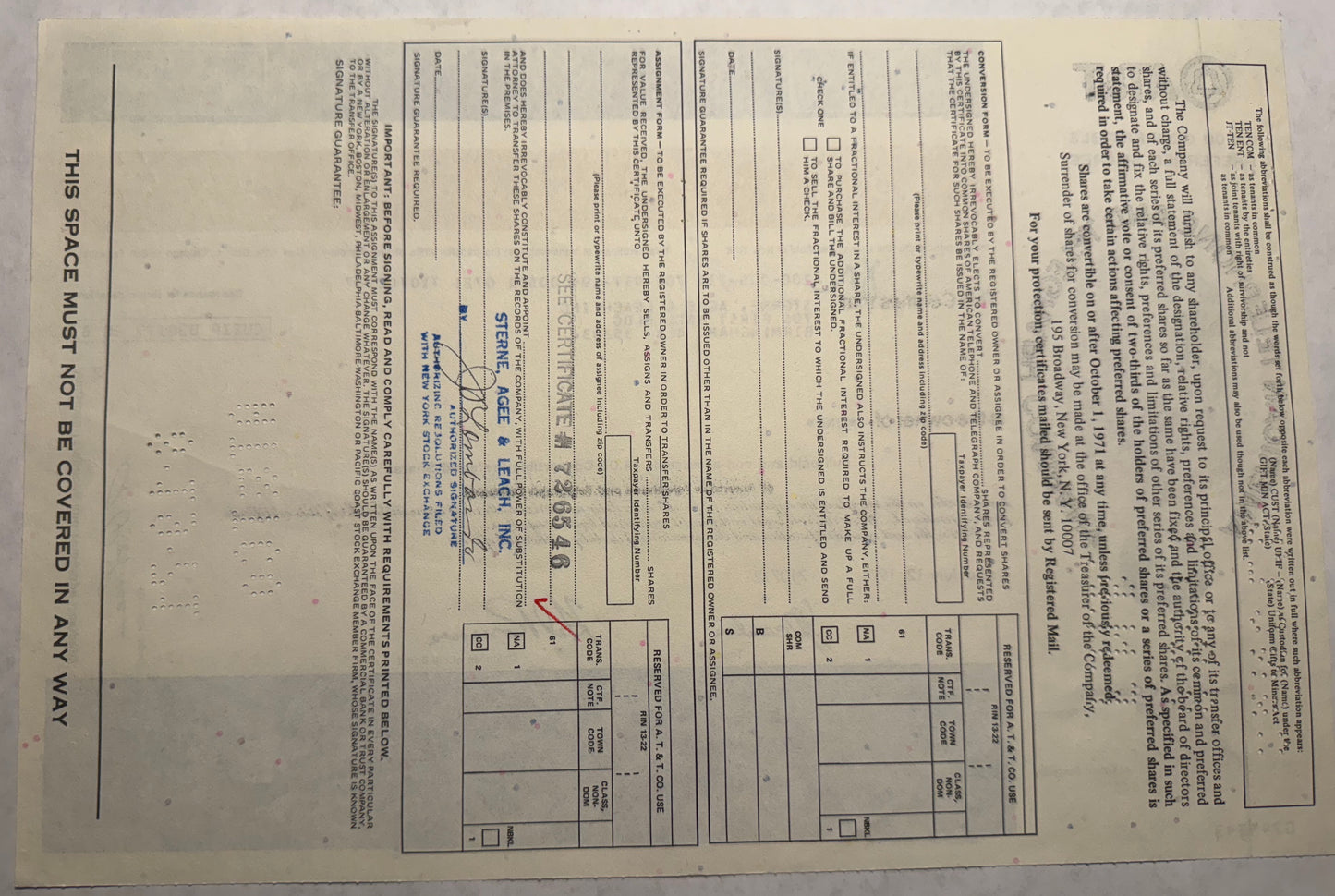 AT&T Blue Yellow Stock Certificate (American Telephone and Telegraph Company)