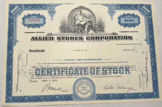 Allied Stores Corporation (now Macy's) 1970 Stock Certificate