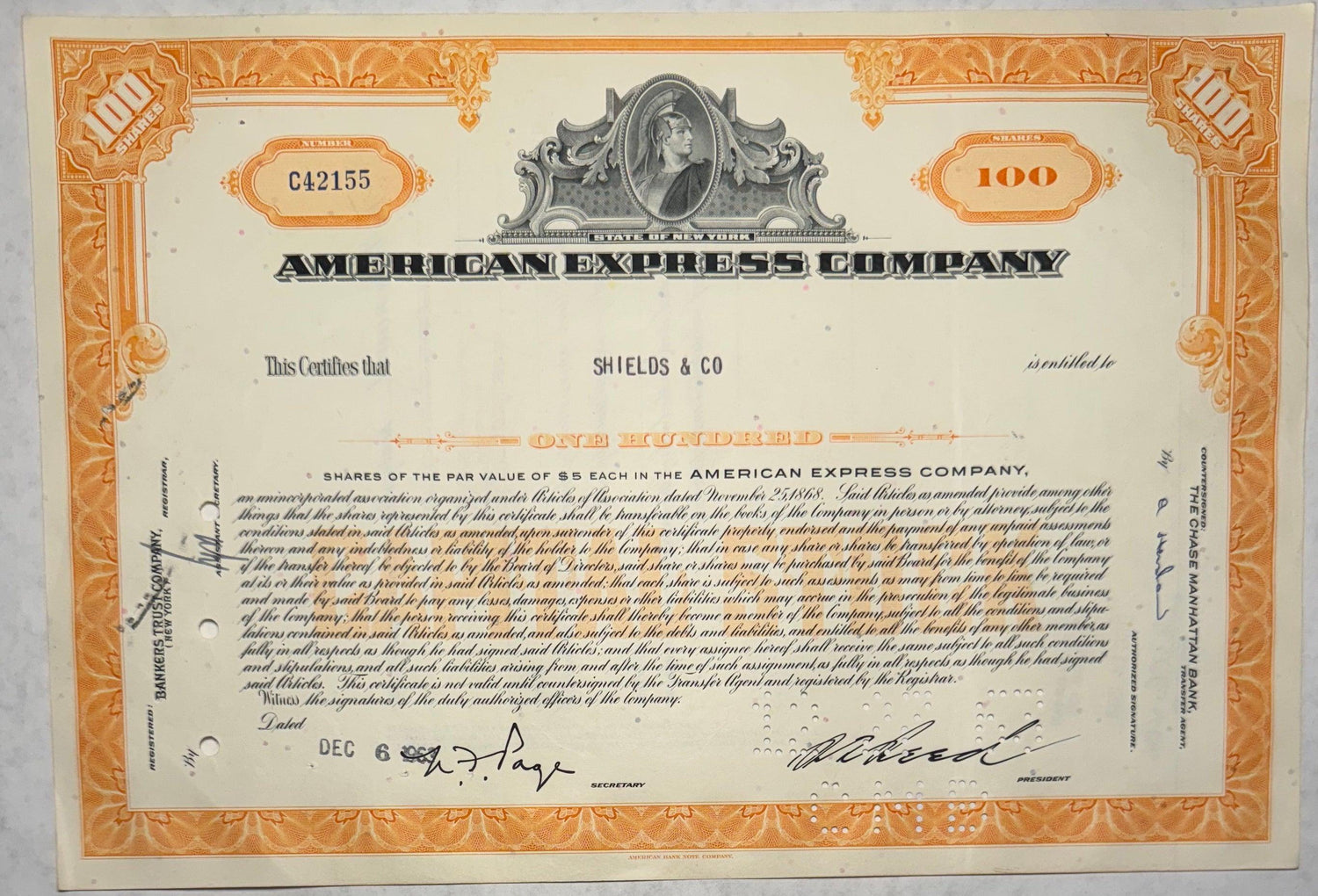 Orange American Express Stock Certificate 1963