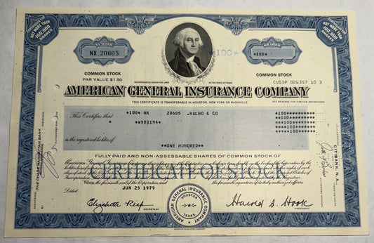 American General Insurance (ft George Washington) - Stock Certificate