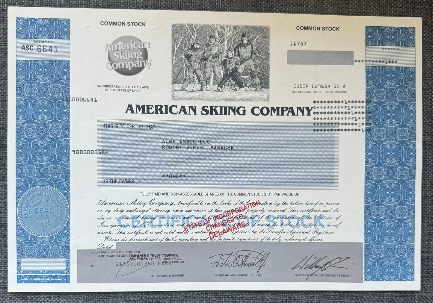 American Skiing Company Stock Certificate (feat photo of Skiers)